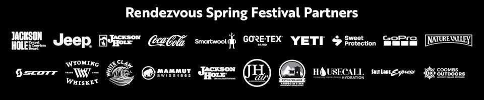 logos of Rendezvous partners: Jackson Hole Travel & Tourism Board, Jackson Hole Mountain Resort, Smartwool, YETI, GoPro, Scott, Whiteclaw, Jackson Hole Central Reservations, Teton Village Association, Salt Lake Express, Jeep, Coca-Cola, GORE-TEX, Sweet Protection, Nature Valley, Wyoming Whiskey, Mammut, JH air, Housecall Hydration, Coombs Outdoors