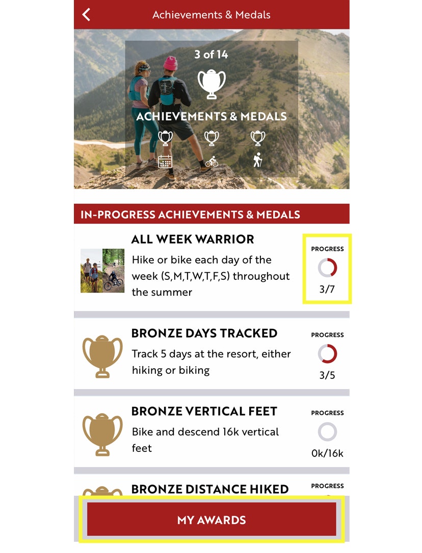 Achievements & Medals screen on the JH Insider app