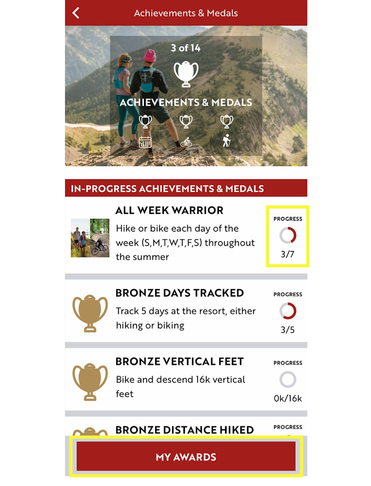 Achievements & Medals screen on the JH Insider app