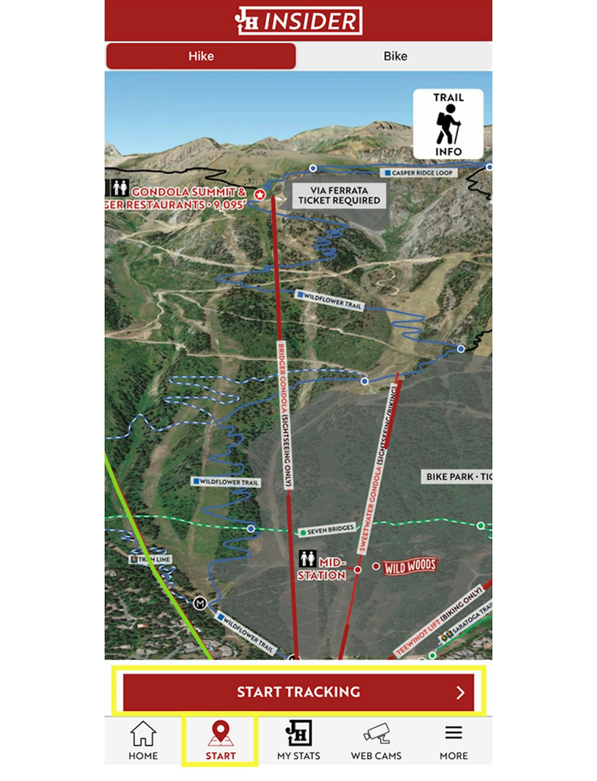 Hiking map start tracking page on the JH Insider app