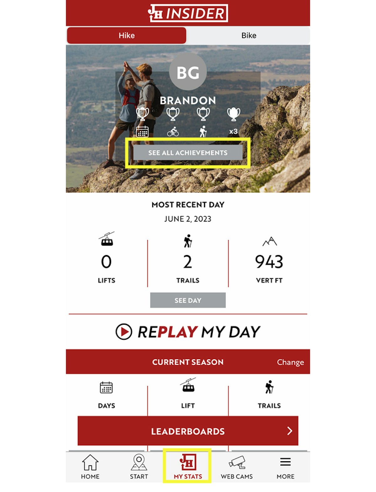Stats page on the JH Insider app