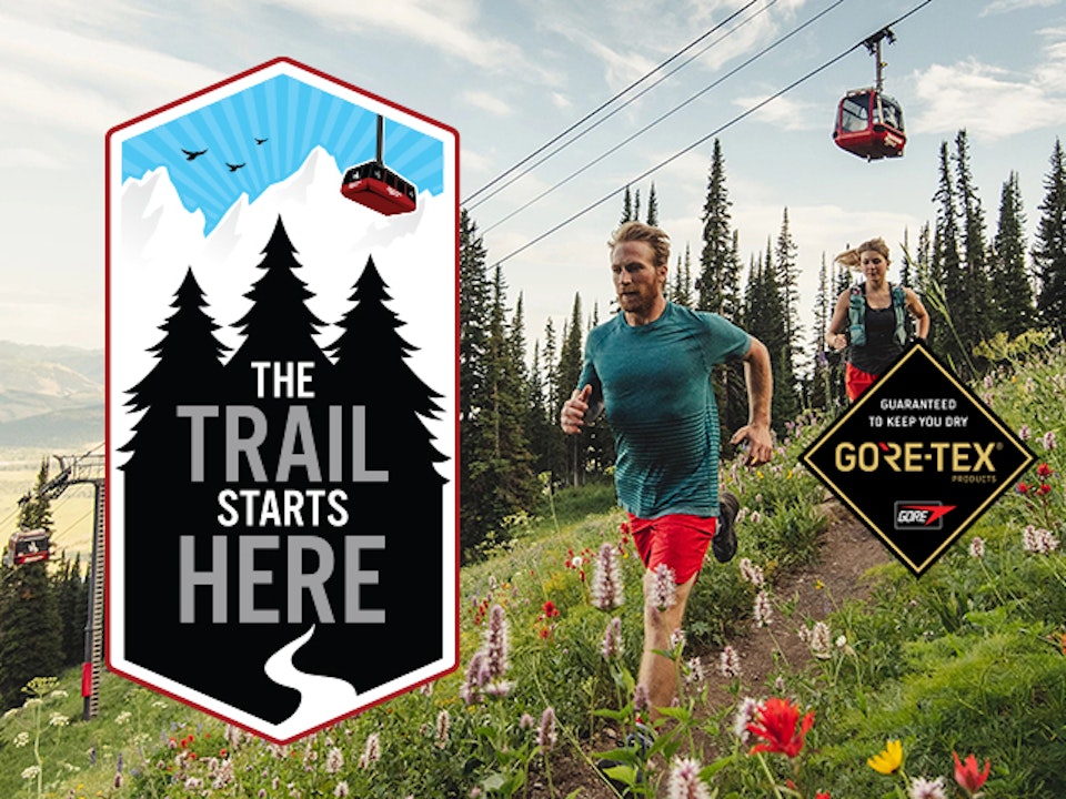 Trail running through wildflowers with the GORE TEX and Trail Starts Here logos