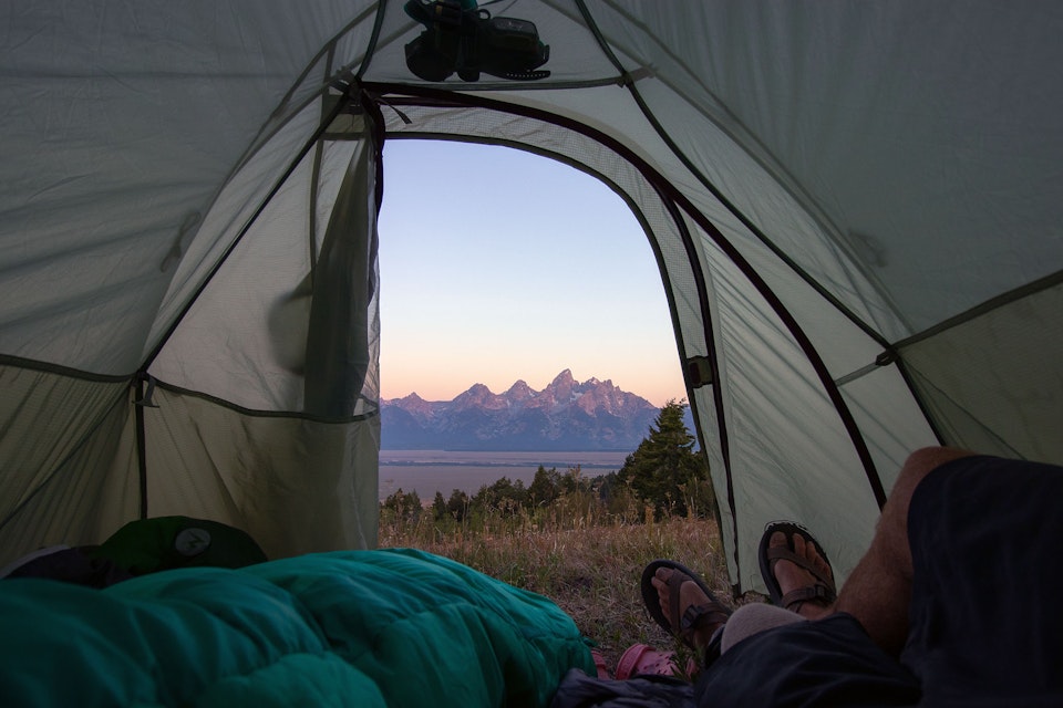 View of the Teton Mountain Range from inside a tent