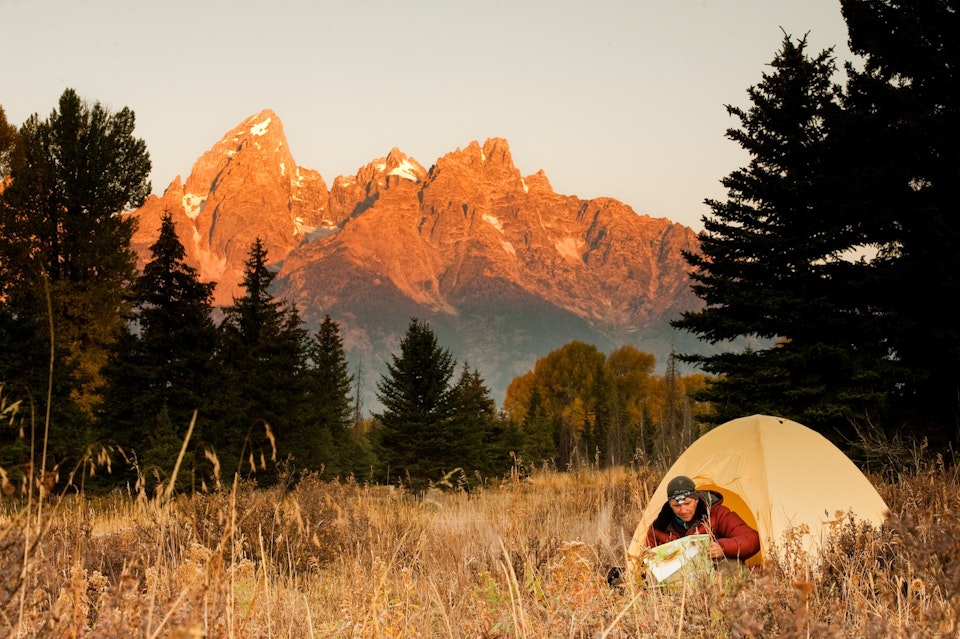 Camping in Grand Teton National Park during golden hour