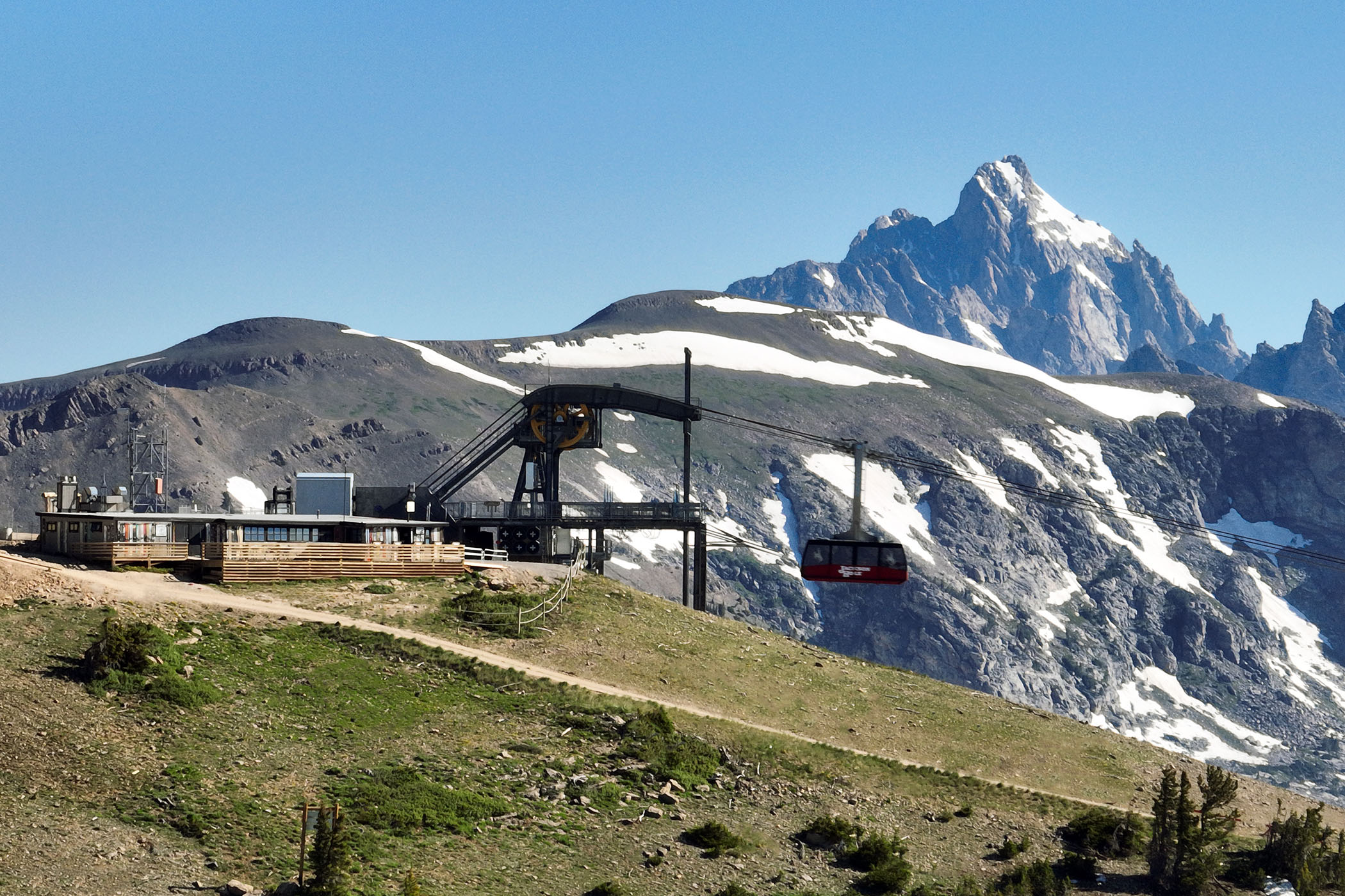The Aerial tram approaching the summit with the Grand Teton in the background