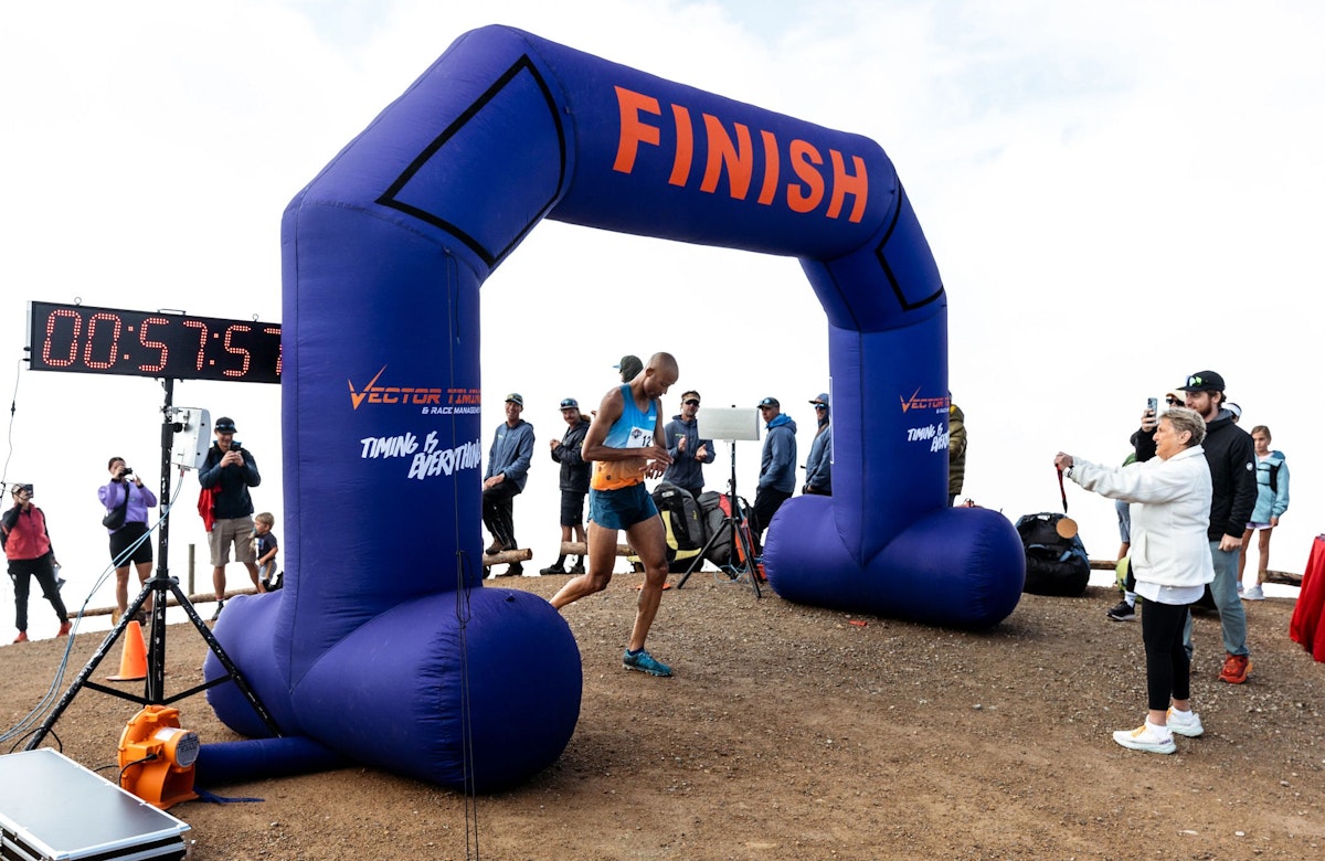 The winner of the Rendezvous Mountain Hill Climb crossing the finish line in 57:57
