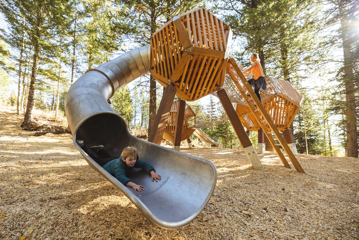 A boy going down a slide in the Wild Woods Playground
