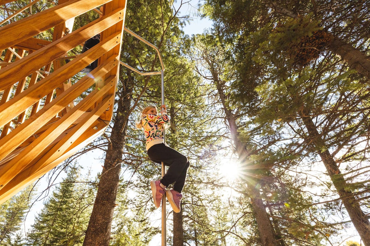 A girl going down a firemans pole in the Wild Woods Playground