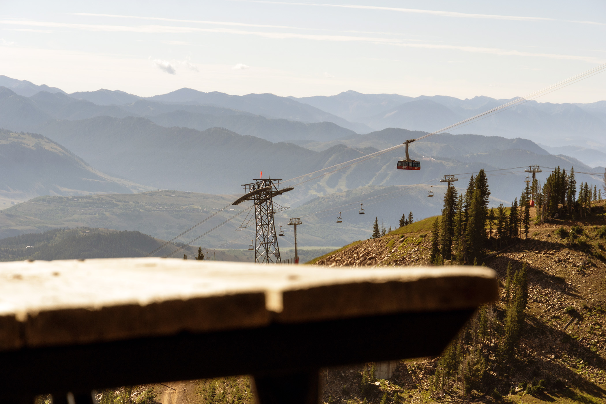 The top of a picnic bench with the Tram flying in the background
