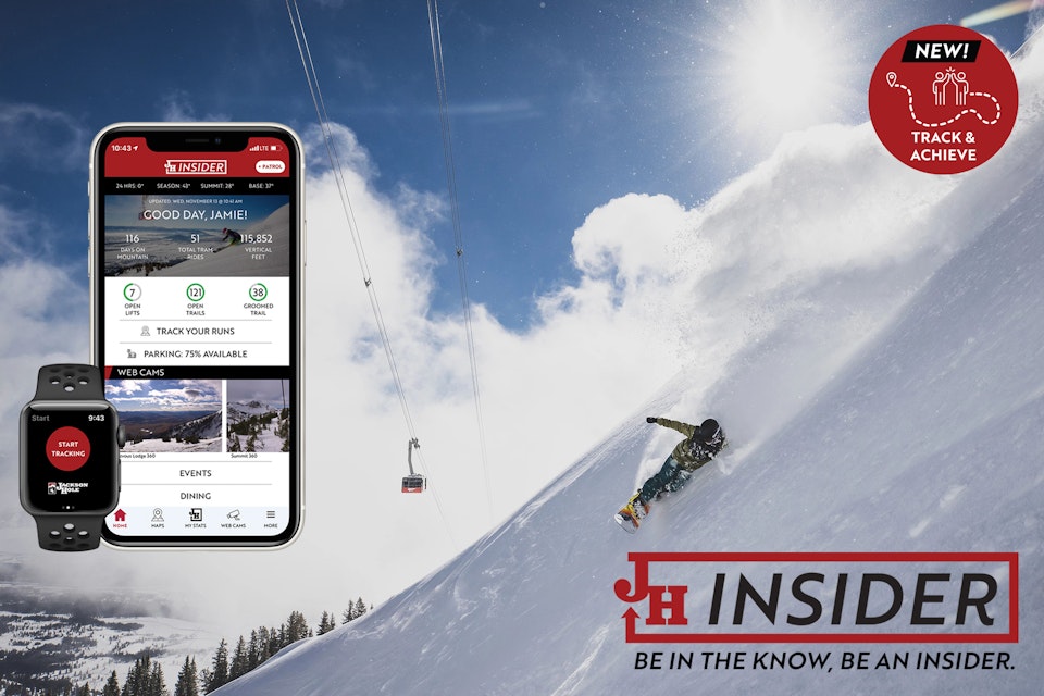 snowboarder riding in powder with JH Insider app on phone and logo overlaid