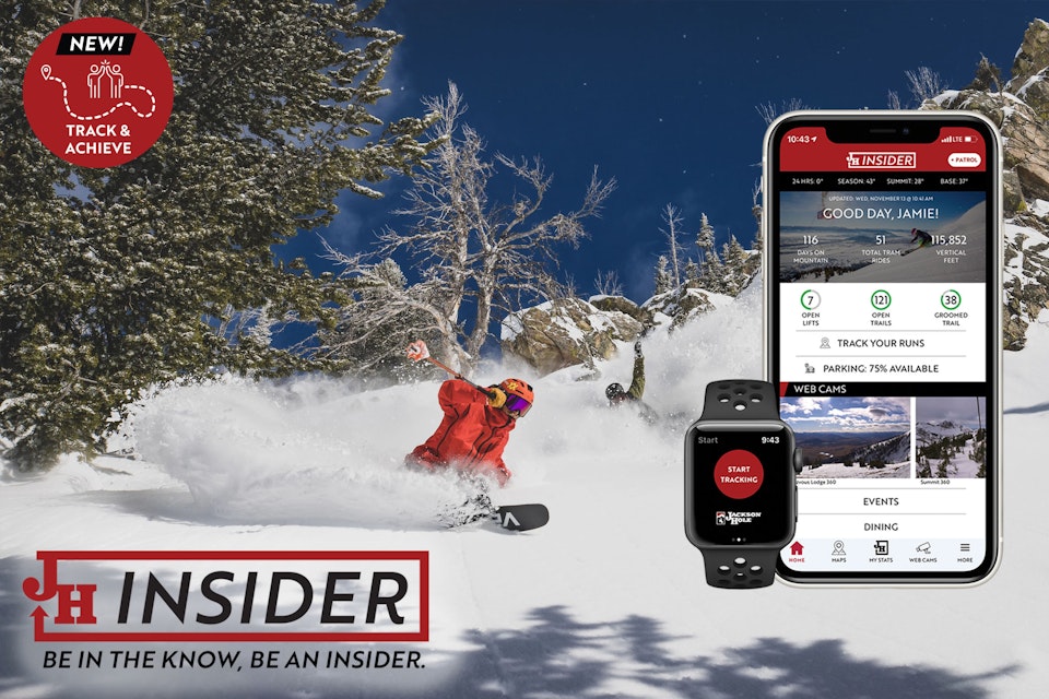 skiing in powder with JH Insider app on phone and logo overlaid