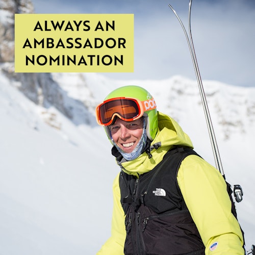 Man with skis on back smiling and Always an Amassador Nomination textbox
