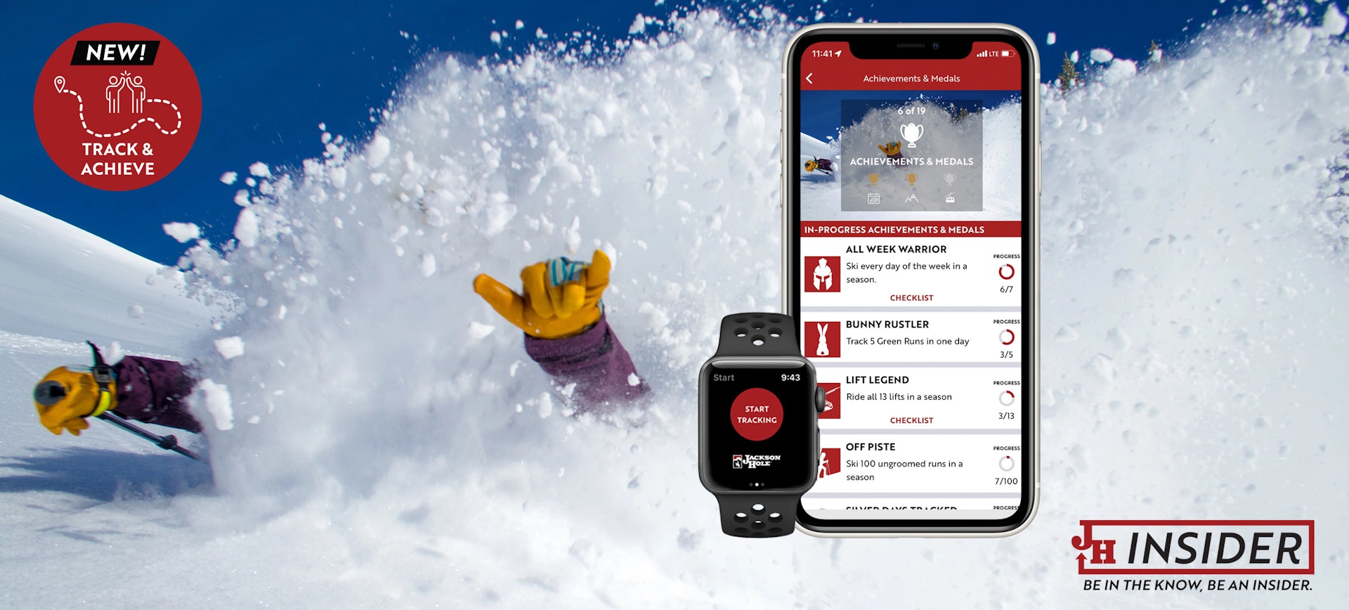 jh insider app on phone over deep powder