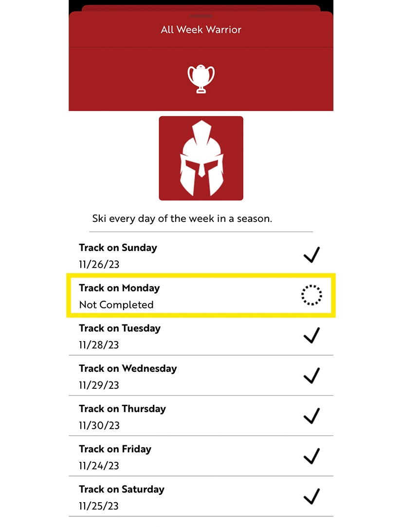 Checklist on the All Week Warrior achievement in the JH Insider app