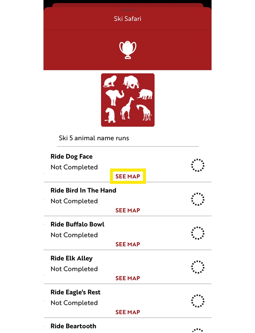 checklist for the Ski Safari achievements on the JH Insider app