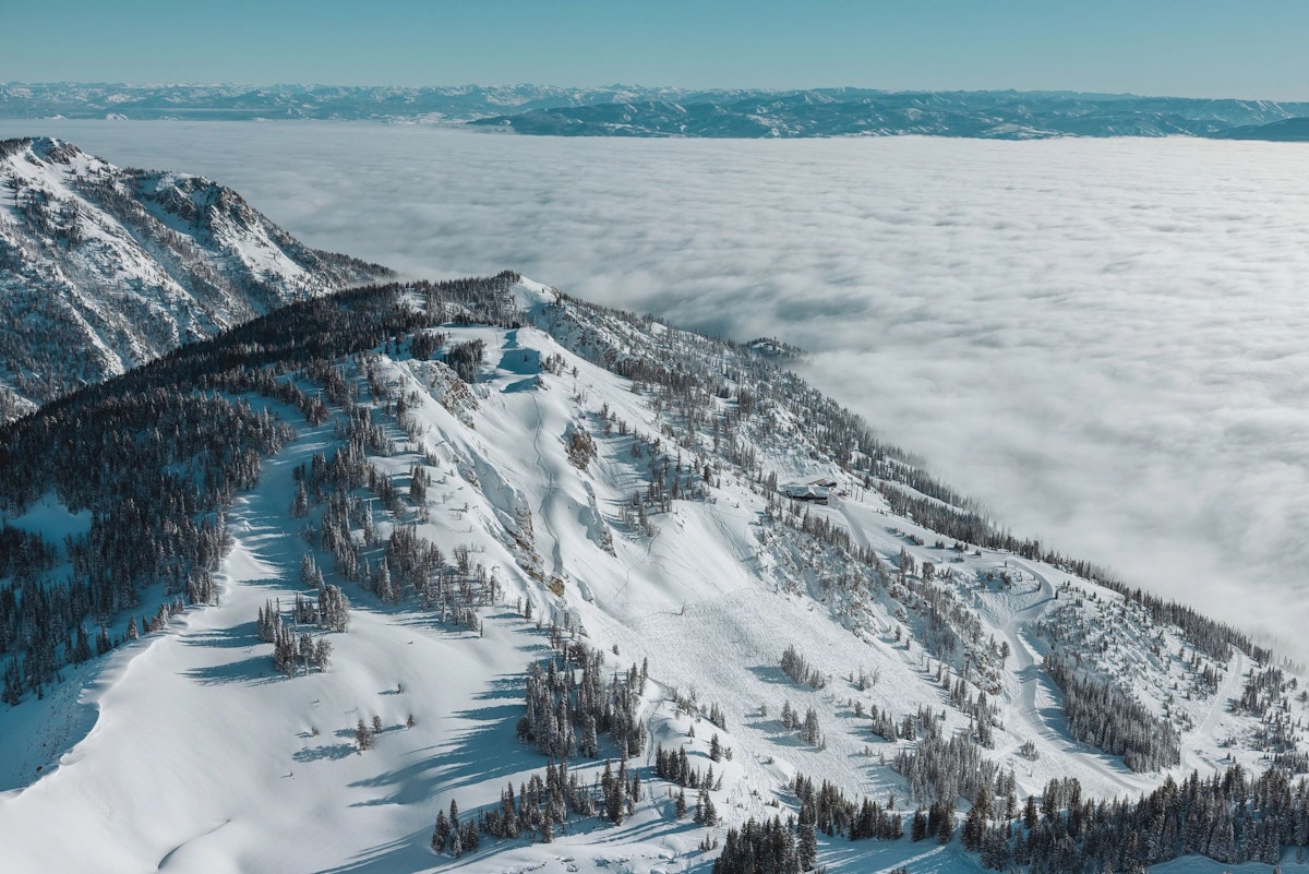 An overhead view of the mountain covered in snow