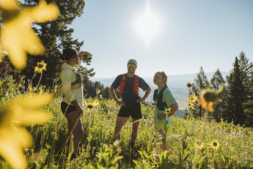 Three people in field of flowers on hiking trail