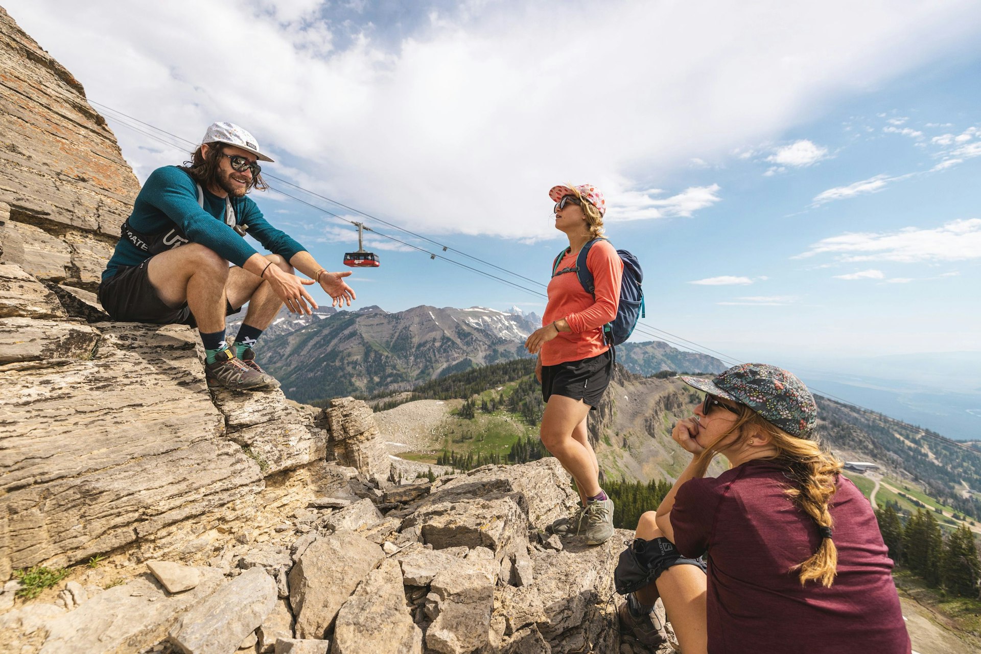 Hikers talking with Tram in background