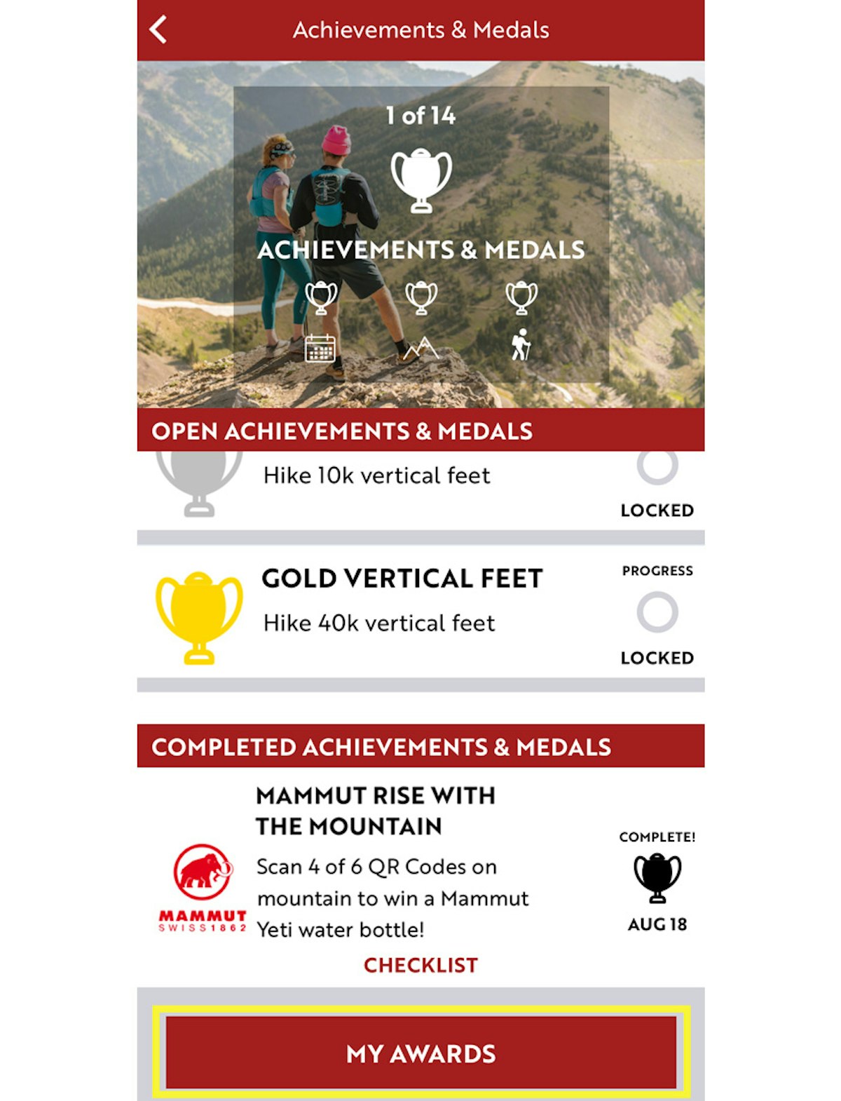 Achievements & Medals screen on the JH Insider app