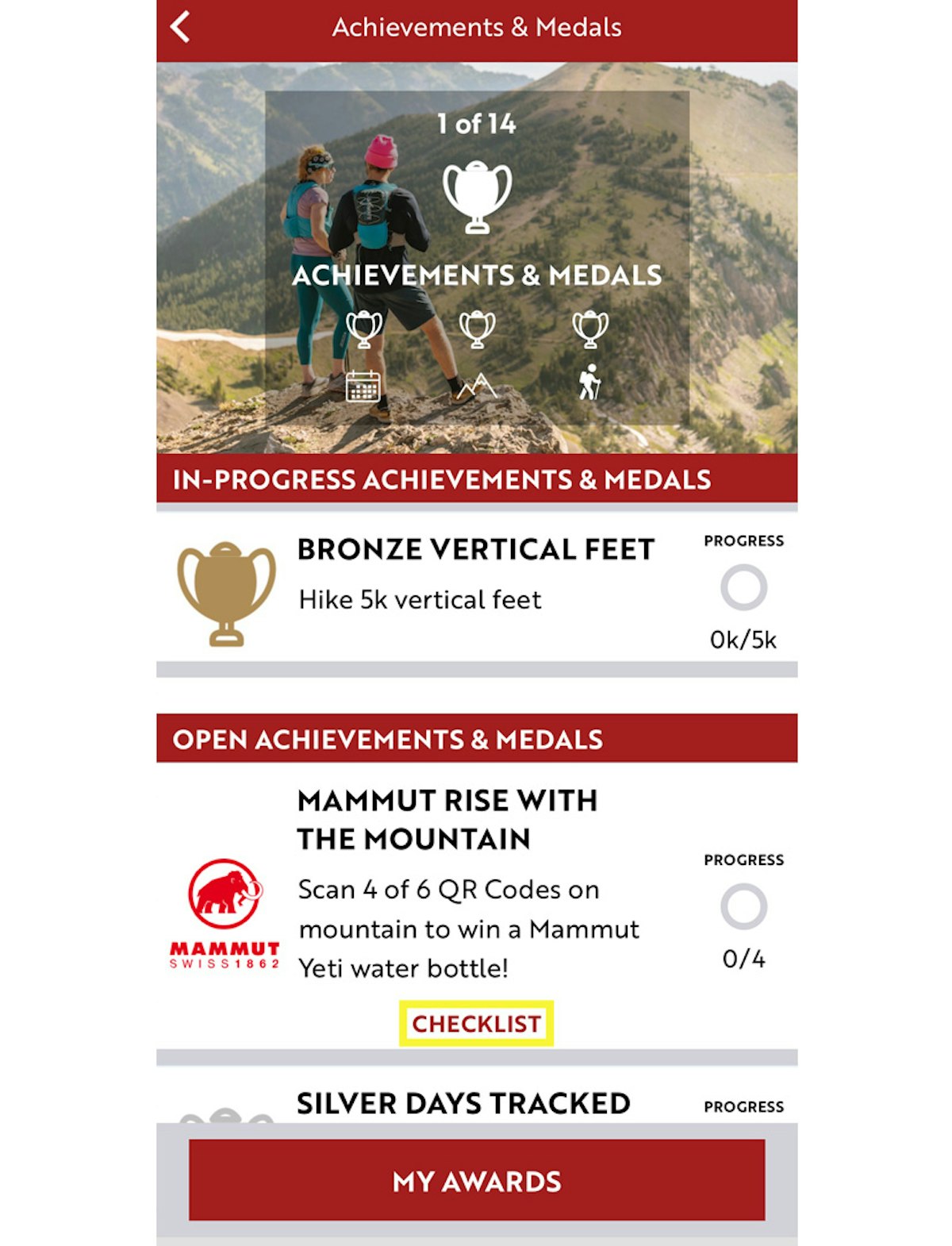 Achievements & Medals screen on the JH Insider app