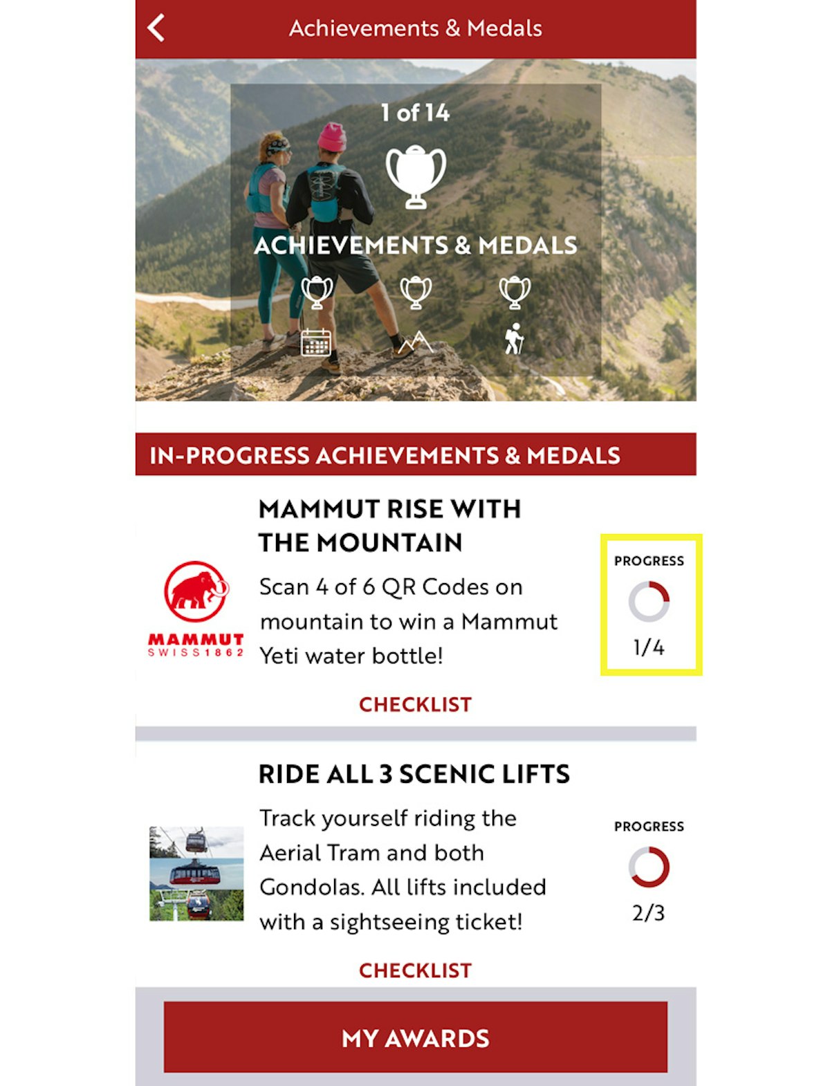 Achievements & Medals screen on the JH Insider app