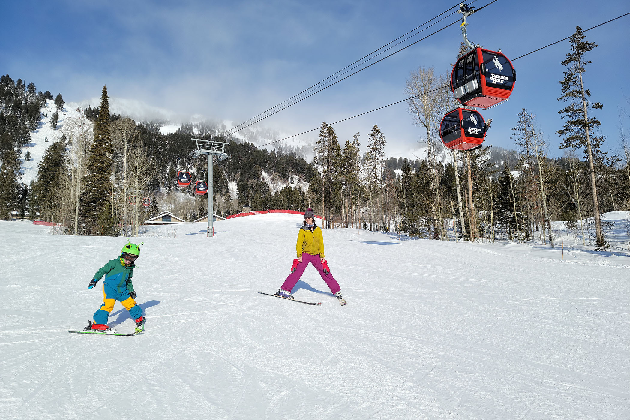 Skiers on Pooh Bear