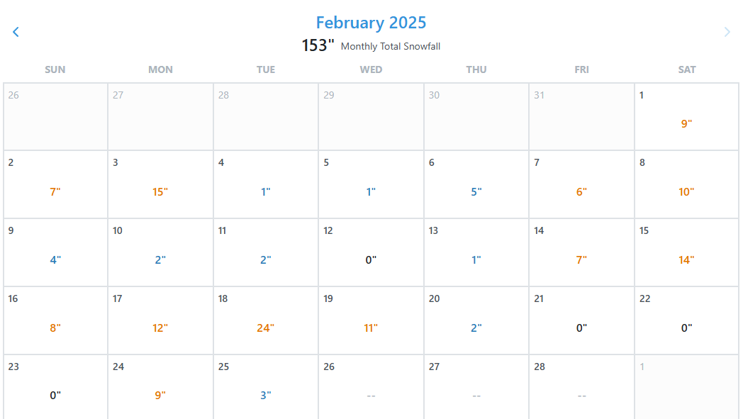 OpenSnow Feb 2025 Snowfall History through 2/18