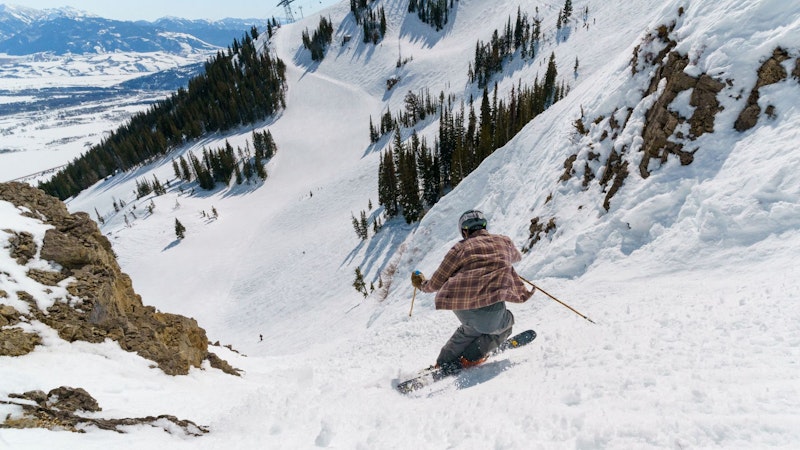 Spring skiing in chute