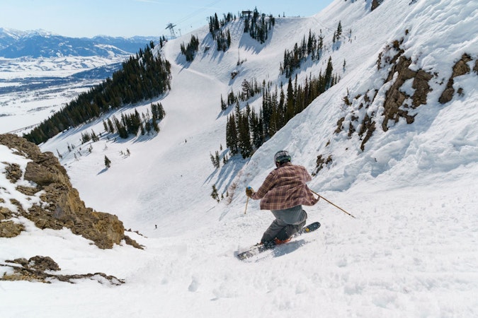 Spring skiing in chute
