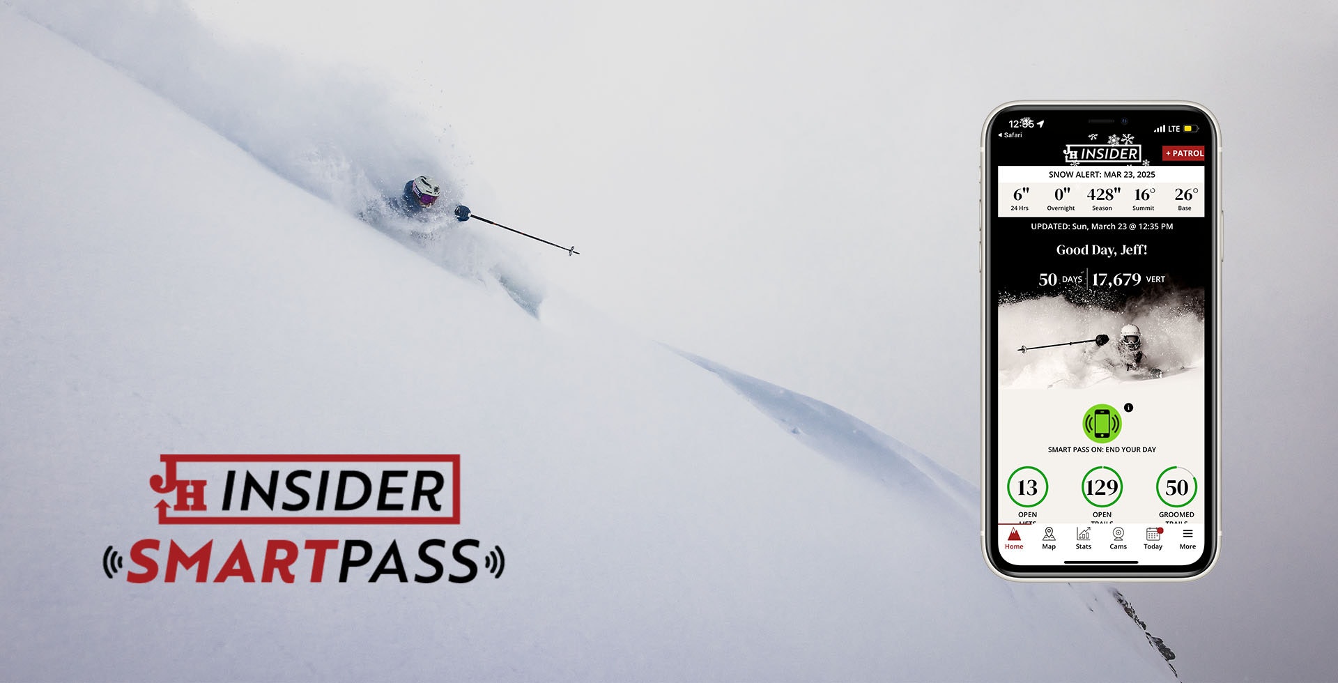 skier in pow with SmartPass logo and phone app