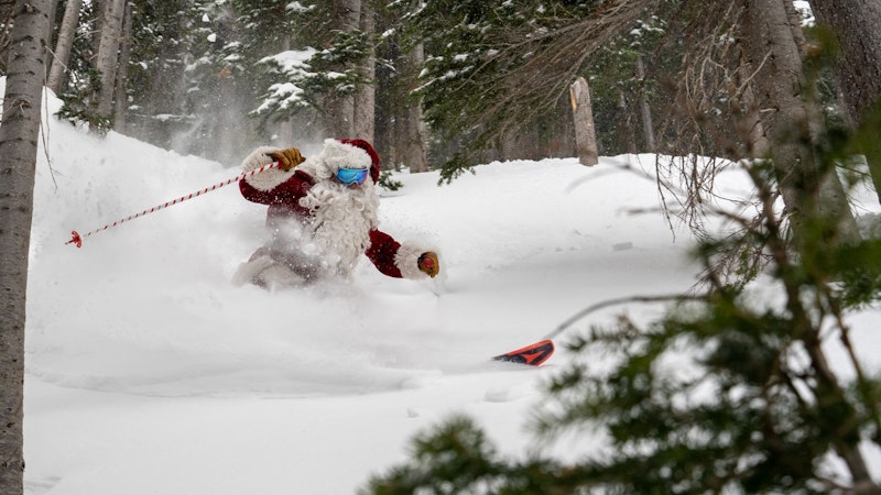Santa Claus skiing deep powder at Jackson Hole Mountain Resort