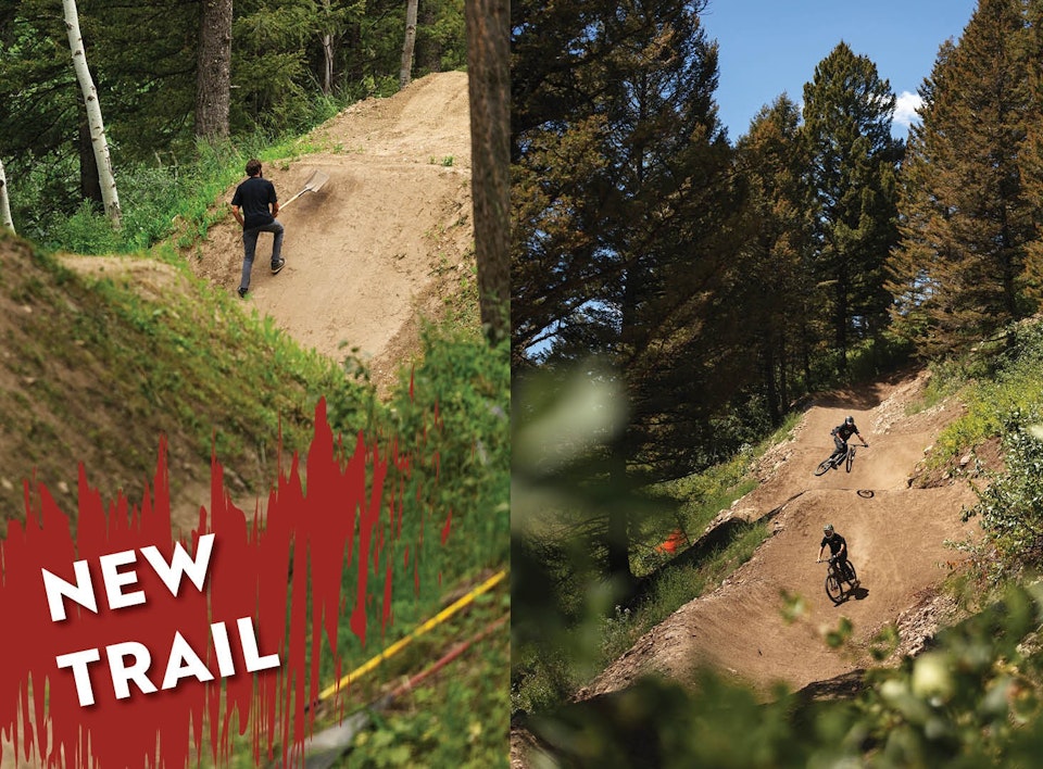 Two photos of the new trail at Jackson Hole with a badge that says "New Trail
