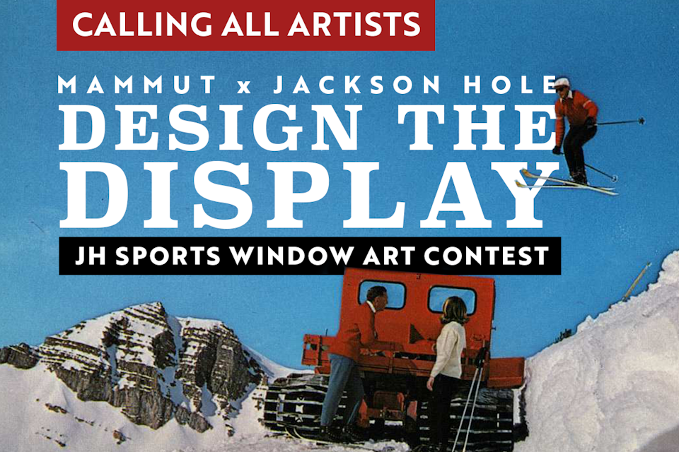 Mammut and Jackson Hole Design the Display Contest flyer with retro photo of skier jumping over two people and a snow cat in front of Cody Peak