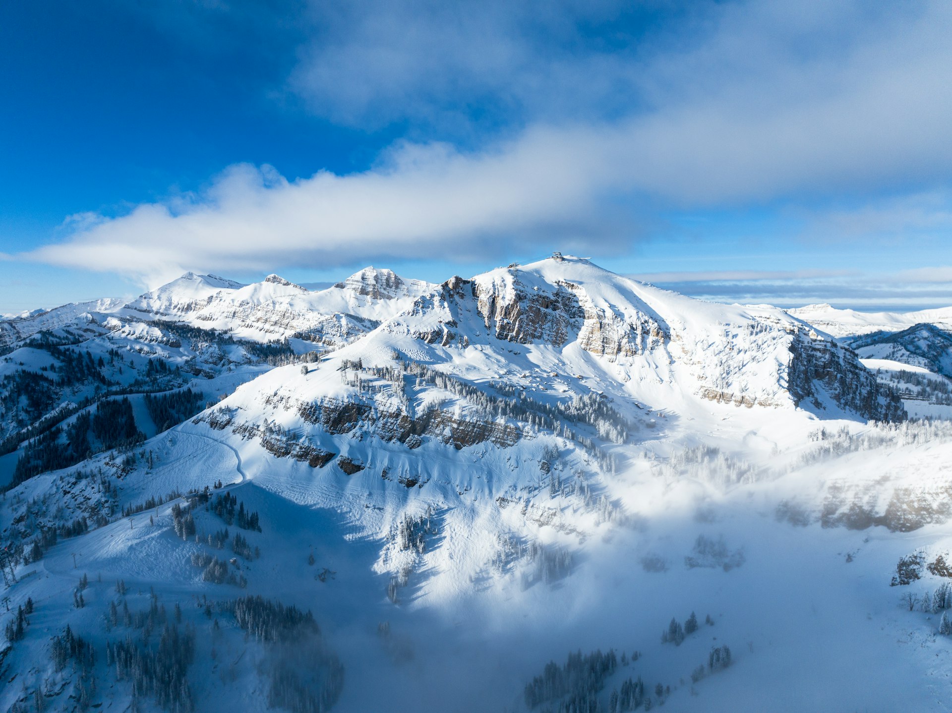 beautiful bluebird day, drone shot of jackson hole