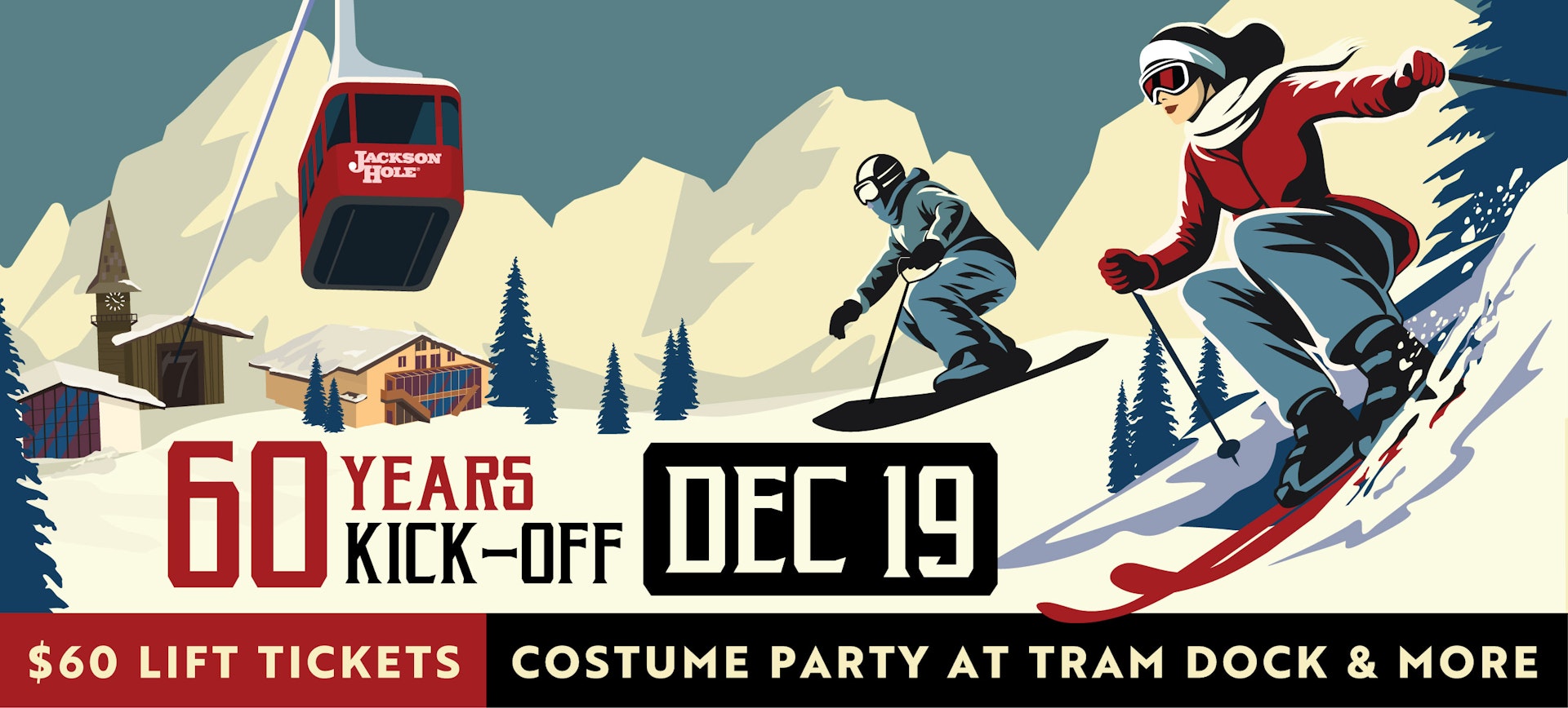 60th anniversary flyer with retro snowboarder
