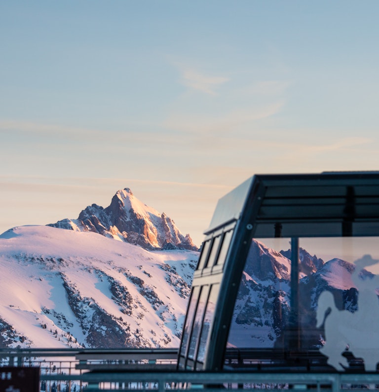 Tram in front of the Grand Teton in the winter