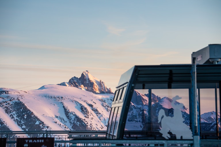 Tram in front of the Grand Teton in the winter