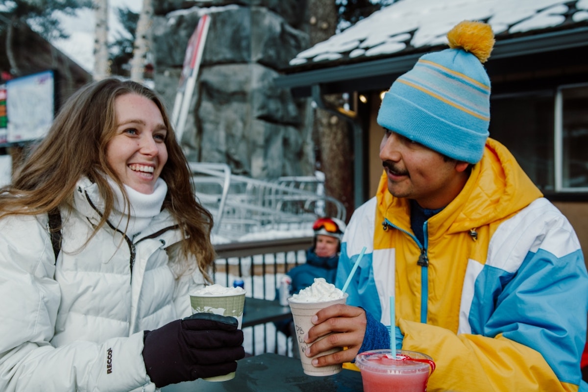General store in the winter, enjoying drinks