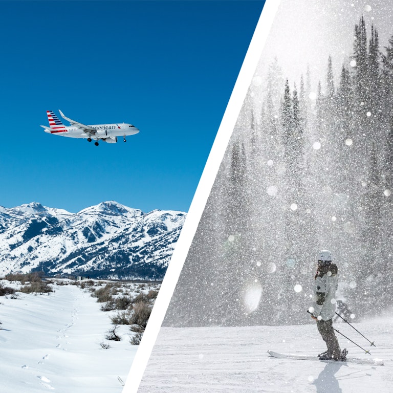 Airfare Sale - skier and plane split screen