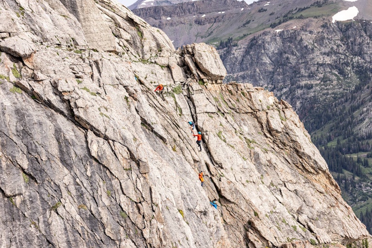Group climbing Corbet's Via Ferrata wide angle
