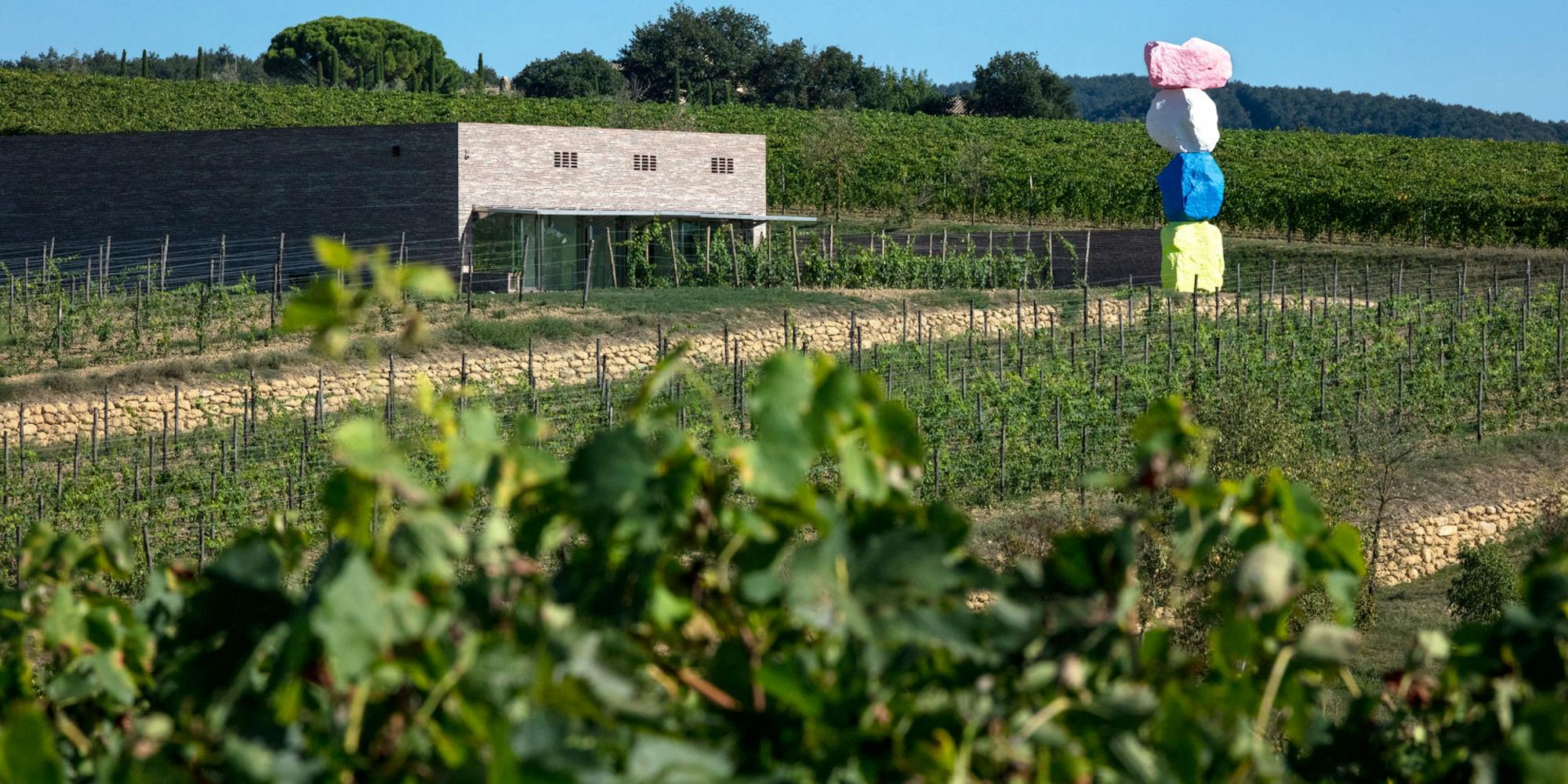 Who we are_HERO_winery ugo rondinone vineyard View on the winery with a coloured sculpture of Ugo Rondinone and vineyards in foreground