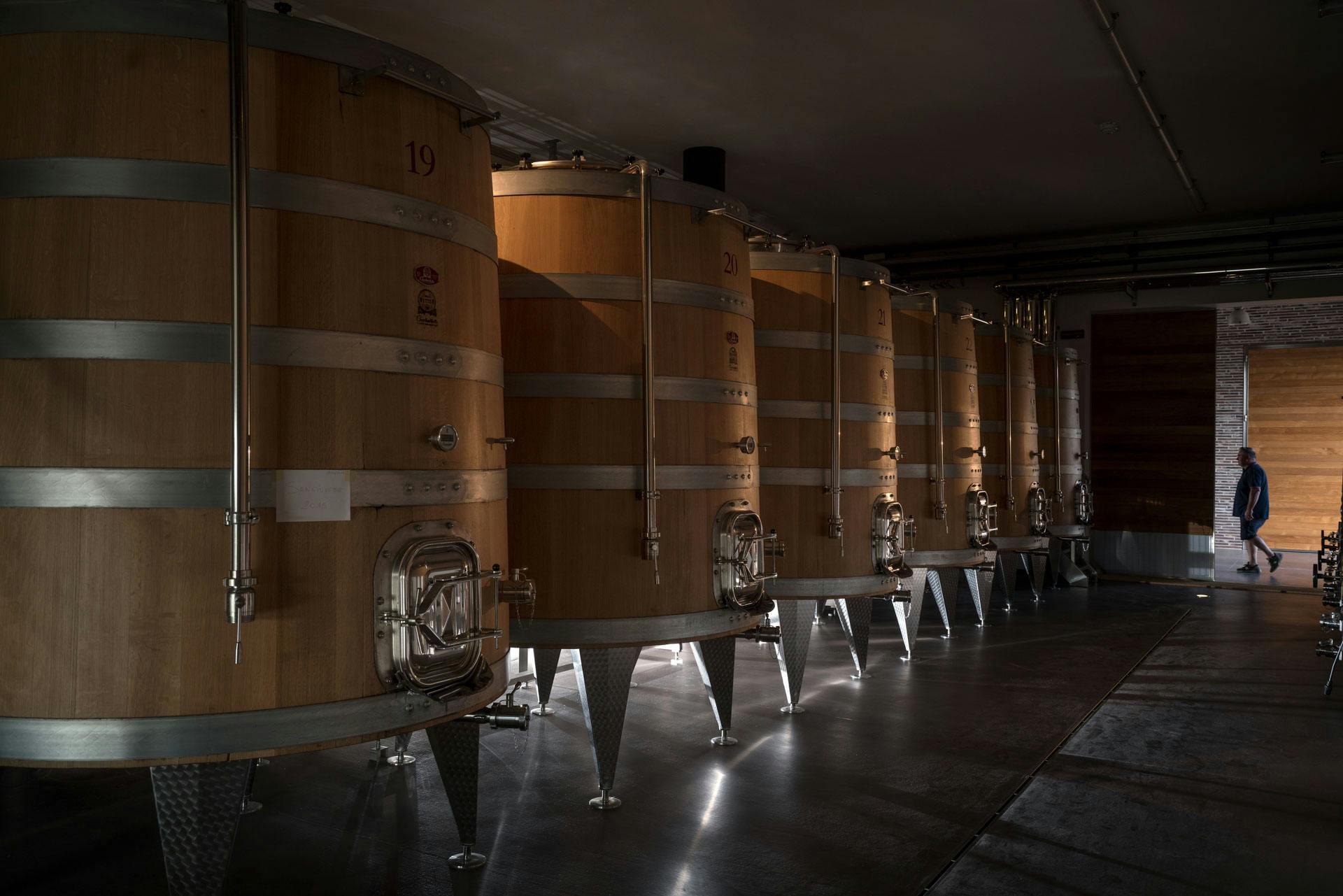 Vista su grandi botti di legno coniche nella cantina di Fabbrica Pienza