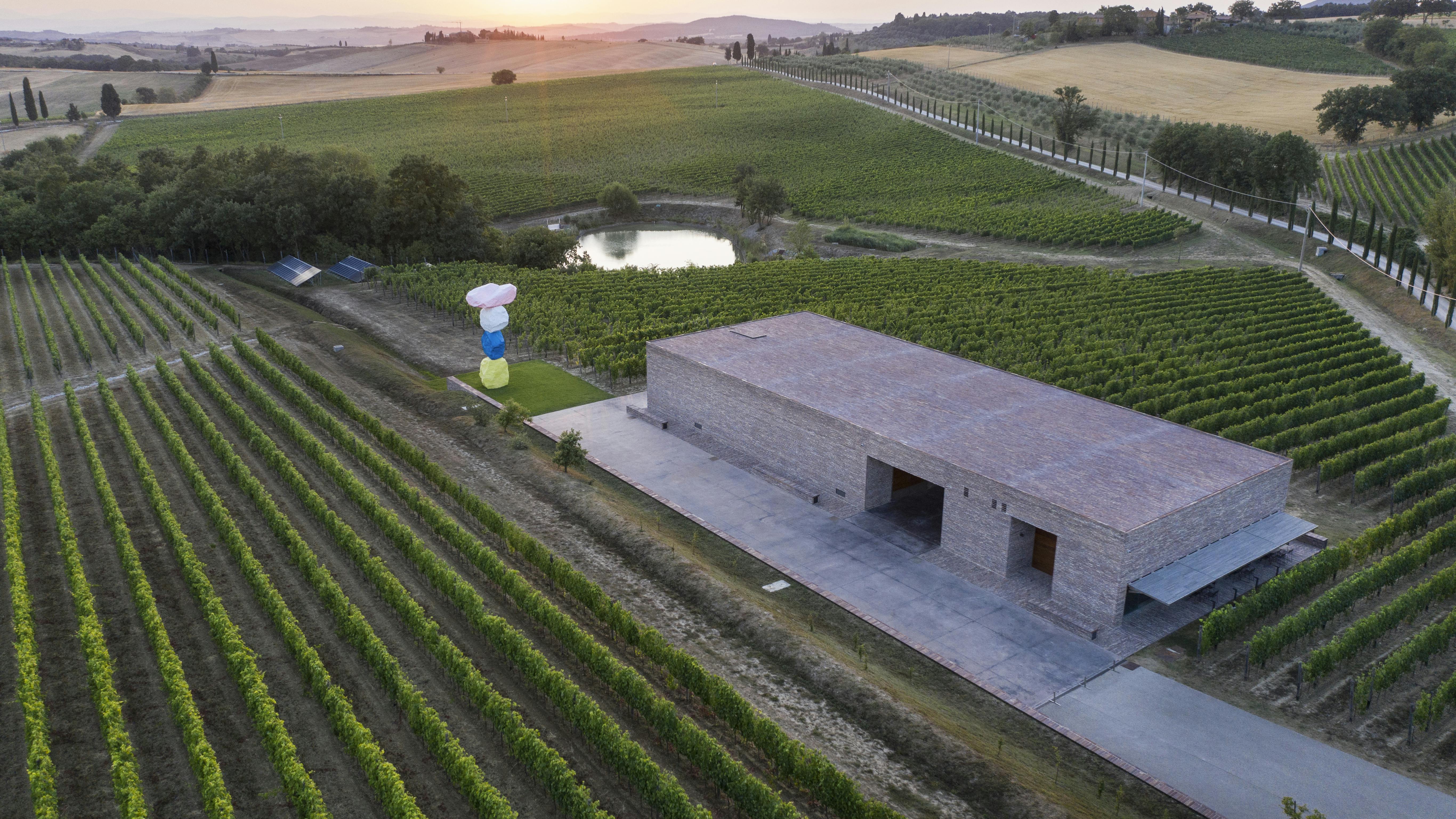 Aerial view drone winery vineyards Ugo Rondinone pienza Aerial view by drone of the winery with the sculpture of Ugo Rondinone, lake, vineyards and Pienza
