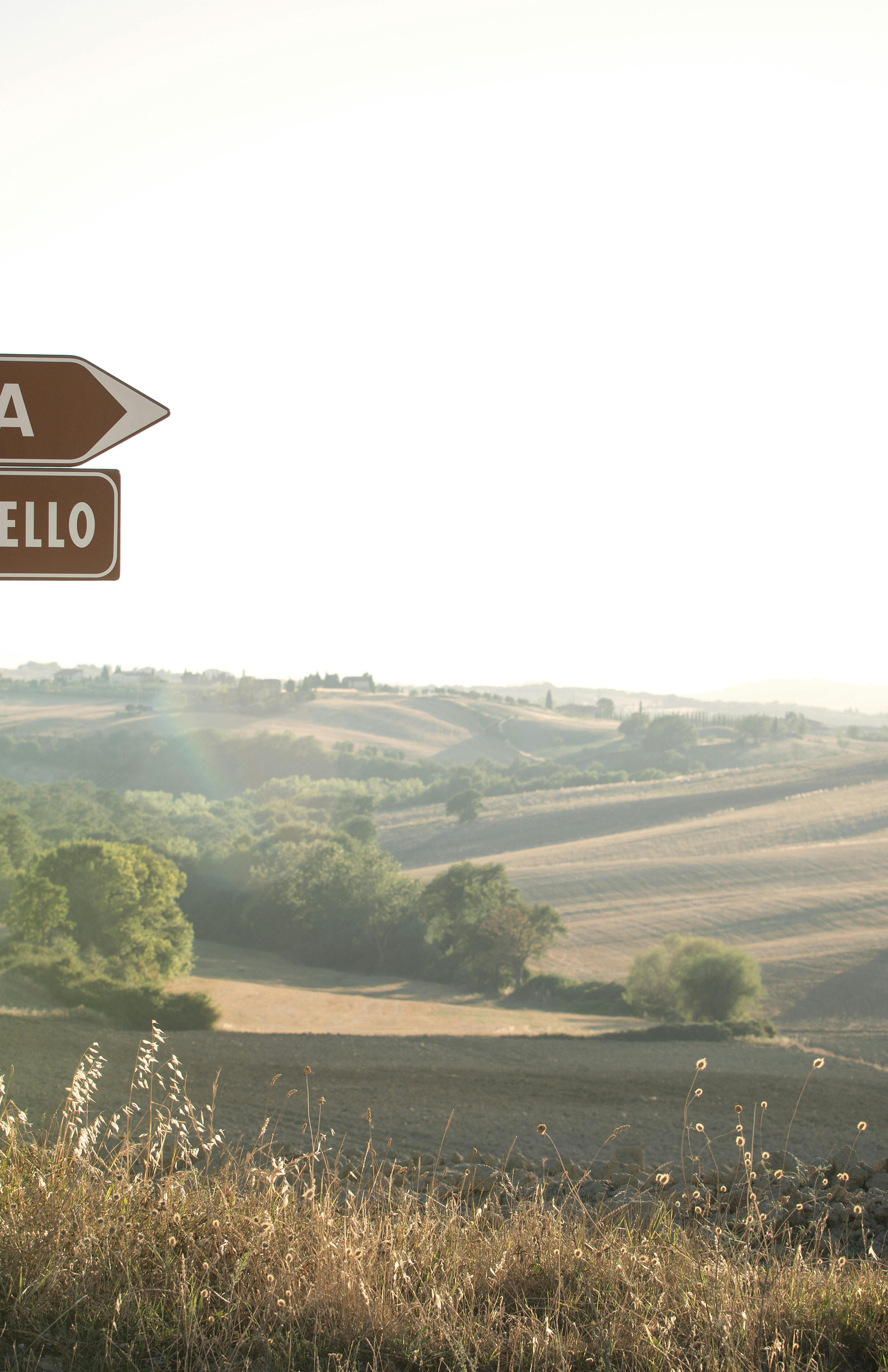 VAL D'ORCIA_Pienza-Road signs Two brown road signs of Pienza toward the right and Montichiello towards the left with Val d'Orcia landscape at sunset