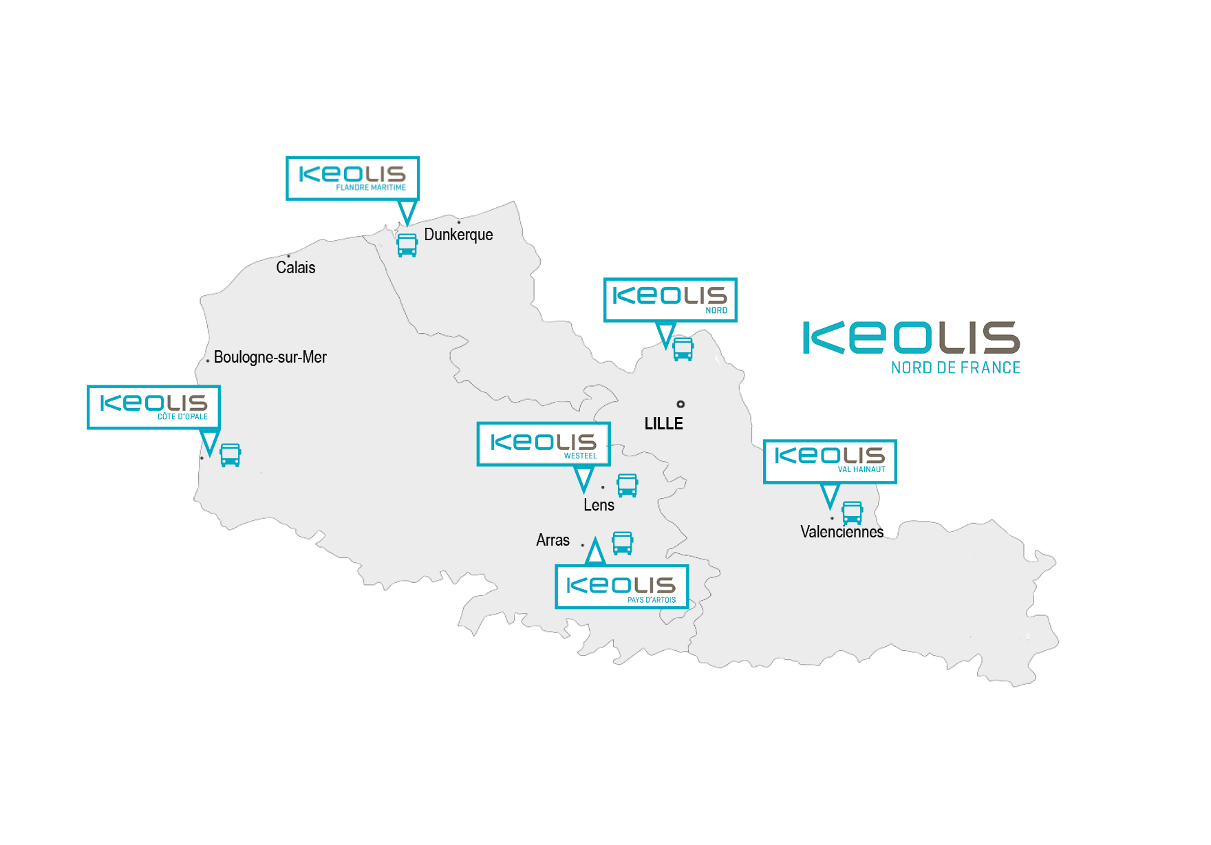 Carte montrant les implantations des différentes filliales de Keolis sur le secteur. Ces filiales sont réparties un peu partout dans le Nord-Pas-de-Calais.