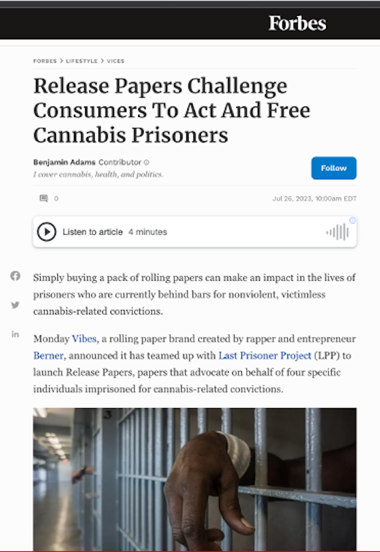 forbes page with title release papers challenge consumers to act and free cannabis prisoners