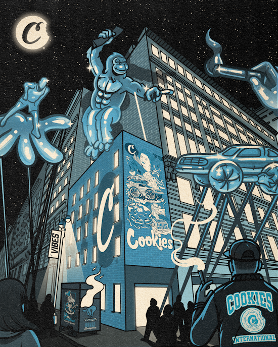 Animated graphic of Cookies Herald Square with floats of an ape, low rider, and a  hand with a person shape on it. A person stands in the foreground looking at it. Silhouettes of a crowd are closer to the building.