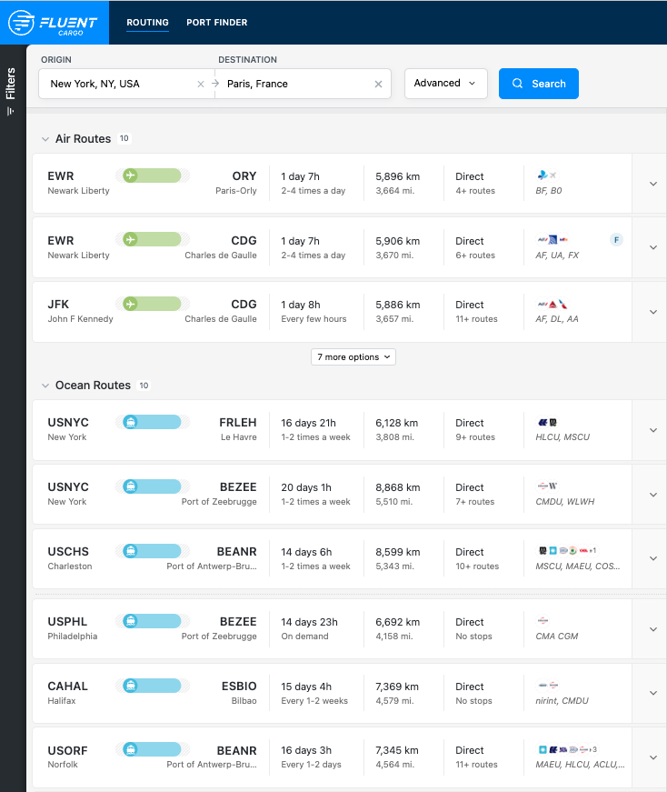 Several routing options from Fluent Cargo