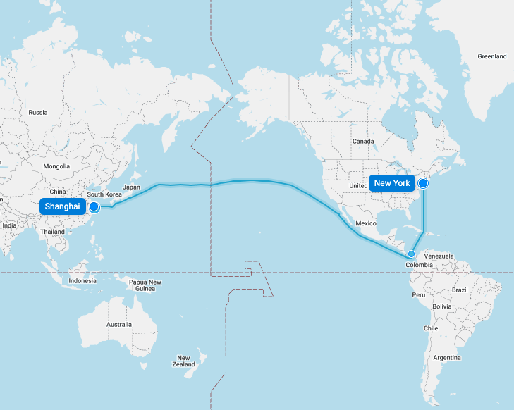 Direct Sailing Shanghai to New York via Panama Canal