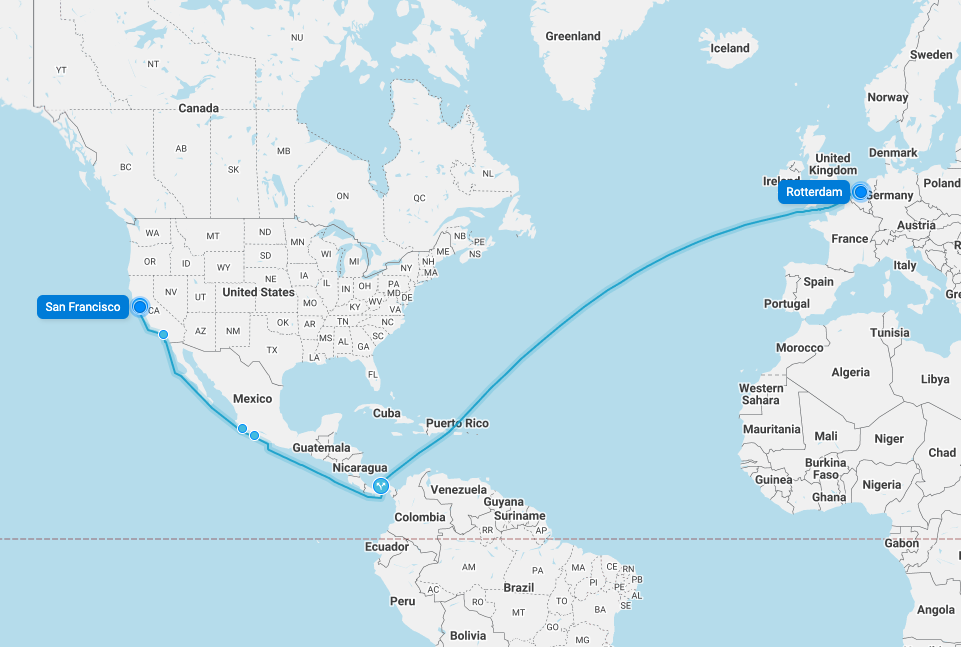 San Francisco to Rotterdam Sailing with Transshipment at Panama Canal